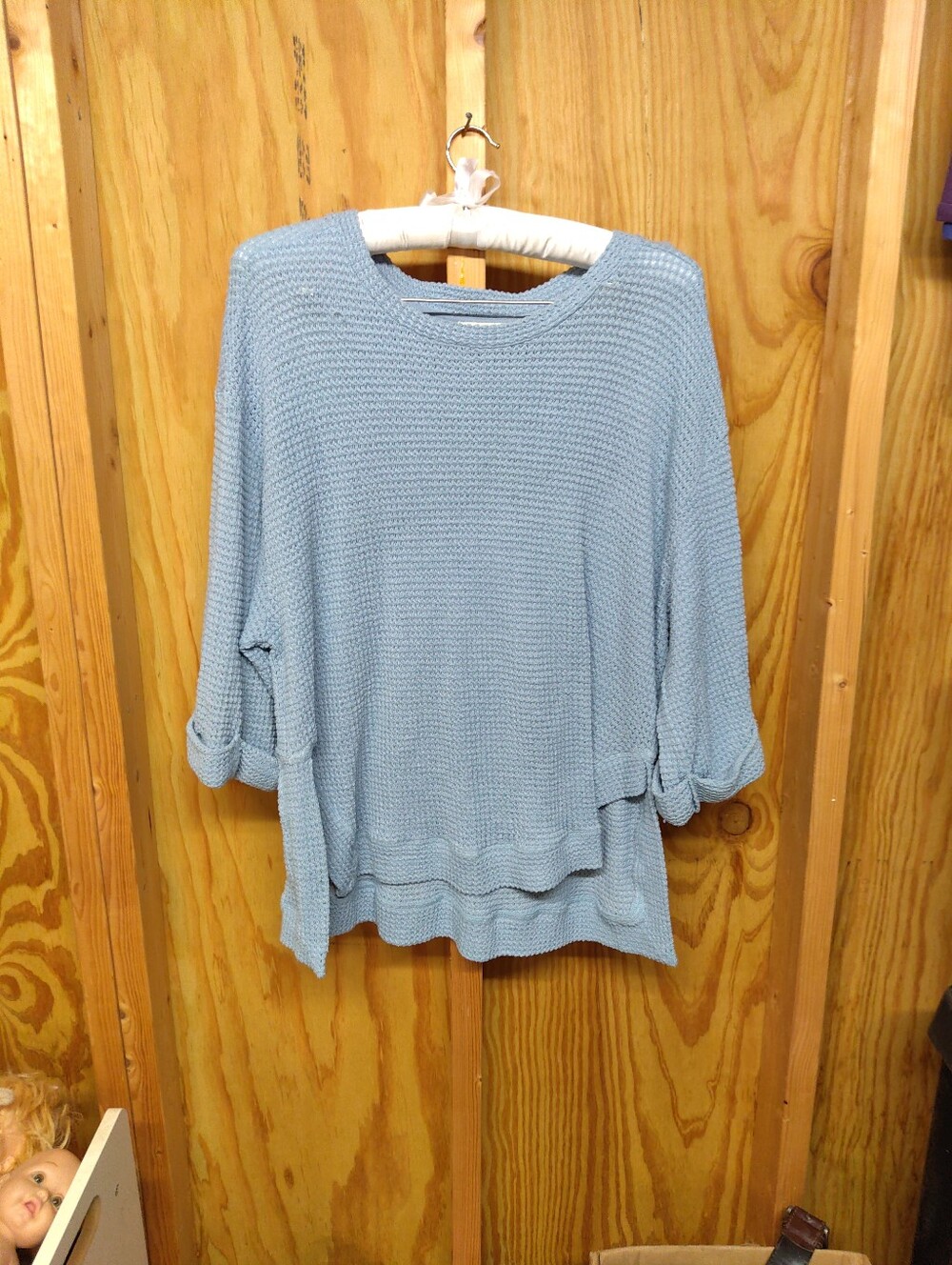 Umgee Women L Light Blue Thermal Waffle Knit Cuffed 3/4 Sleeve Oversized Sweate